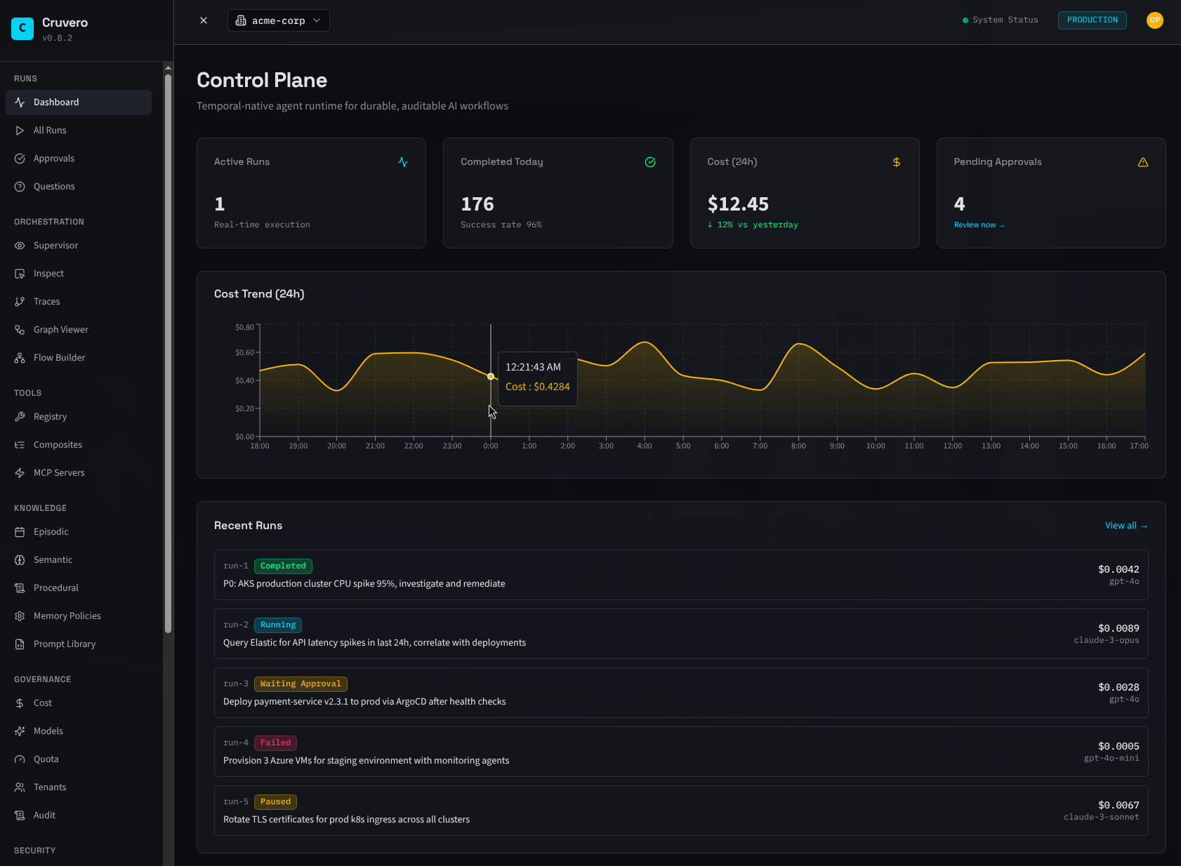 Cruvero agent runtime dashboard